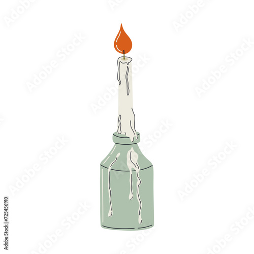 Decorative wax candle for relaxation and comfort. Burning candle in elegant modern candlestick. Hygge, concept of Scandinavian lifestyle. Hand drawn vector illustration.
