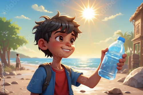 Illustrated cartoon thirsty boy in a sweat because of hotness holding water in plastic bottle photo