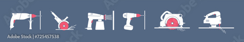 Construction tools. Hand power electric tools. Set tools for wood, metal, stone. Electric construction tools vector icons. Jig saw, spray gun, drill, electric screwdriver, angle grinder, сircular saw