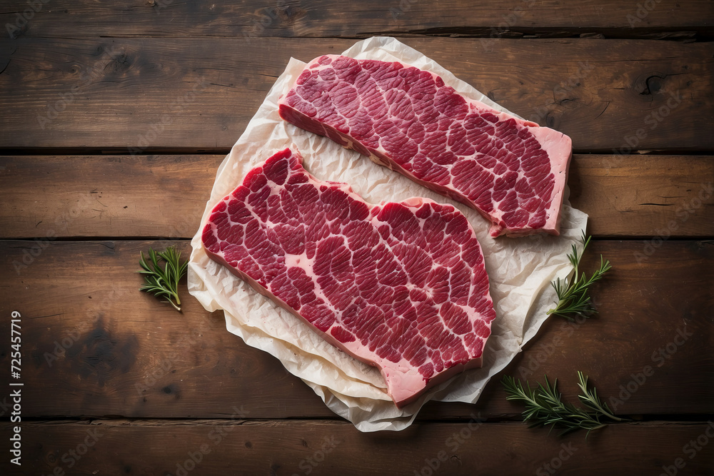 Top view of piece of meat on wooden background