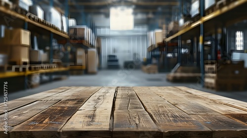 The backdrop of this product display montage is a blurred warehouse, with an empty wooden table as the centerpiece
