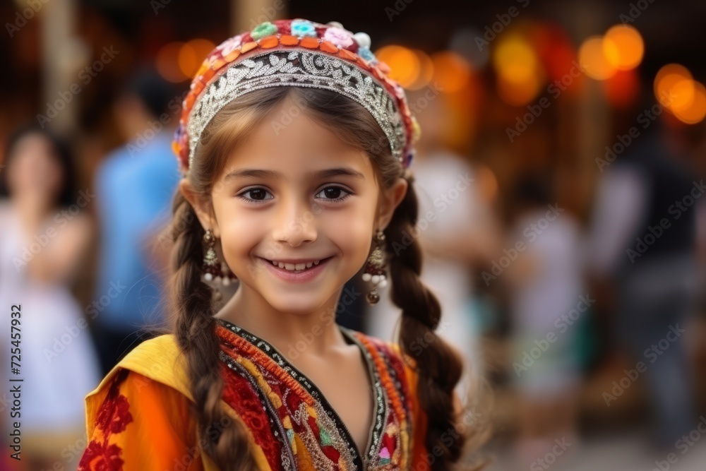 Beautiful little girl with long braids in traditional clothes on the street