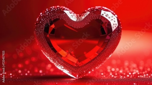 Red heart shaped diamond on red abstract bokeh background. 3d render. The symbol of love is Valentine s Day.