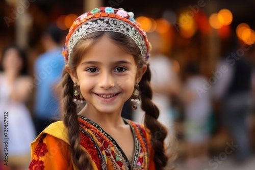 Beautiful little girl with long braids in traditional clothes on the street