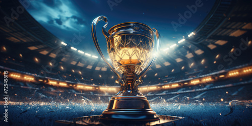 Foto Magnificent winner cup in the stadium, theme of victory, competition