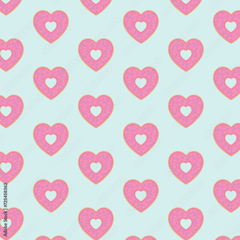 Seamless pattern, pink donuts in the shape of a heart. Vector illustration.
