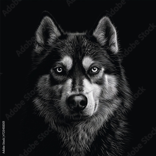 Black and white illustration of a husky