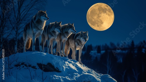 Majestic Wild Wolves on Snowy Hillside Under Rising Full Moon AI Generated. © Demo