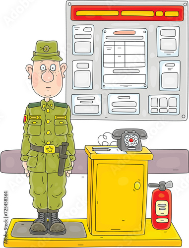 Funny young orderly soldier standing on sentry duty at army company location, vector cartoon illustration on a white background