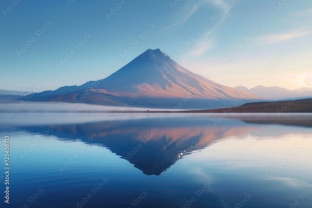 Volcanic Mountain in Morning Light Reflected in Calm Waters of Lake.