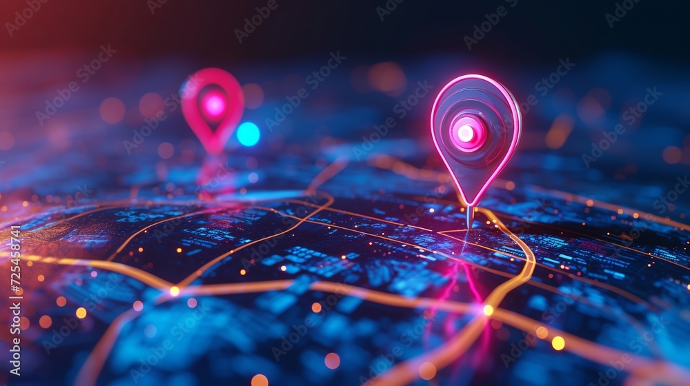 Digital hand set location on map with two pins. AI technology in GPs, innovation delivery, map location, future transport logistic, route path concept. GPs point. New office location, change address - obrazy, fototapety, plakaty 