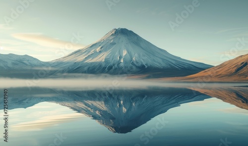 Volcanic Mountain in Morning Light Reflected in Calm Waters of Lake. © Mamstock