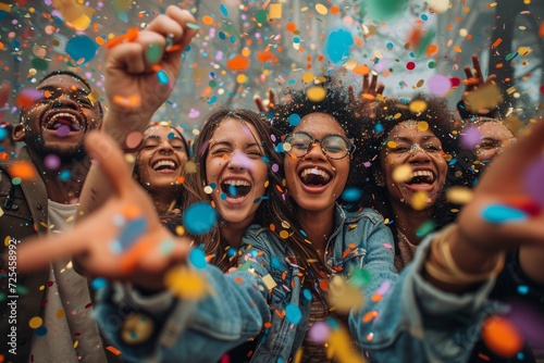 A diverse team of employees celebrates a business victory, surrounded by confetti, embodying unity, collaboration, and shared success in an inclusive workplace.