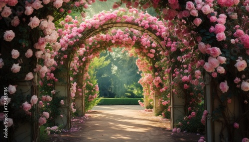 A Beautiful Garden With Pink Roses on the Arch © Anna