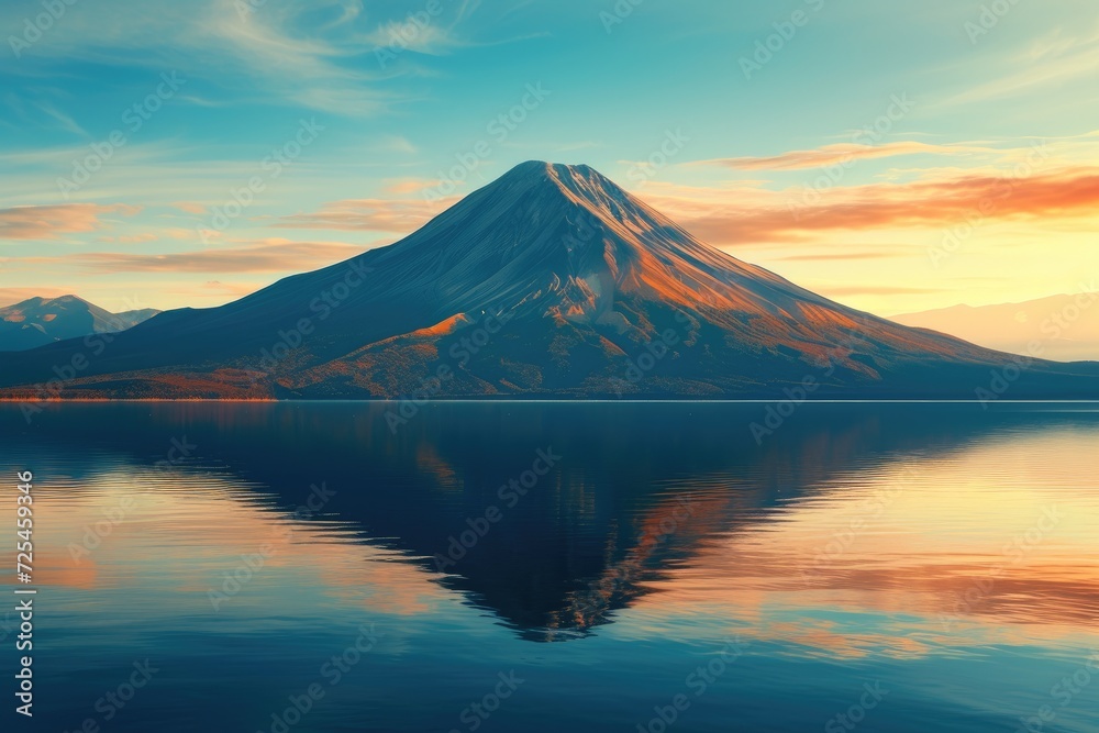 Volcanic Mountain in Morning Light Reflected in Calm Waters of Lake. Volcanic Mountain in Morning Light Reflected in Calm Waters of Lake.