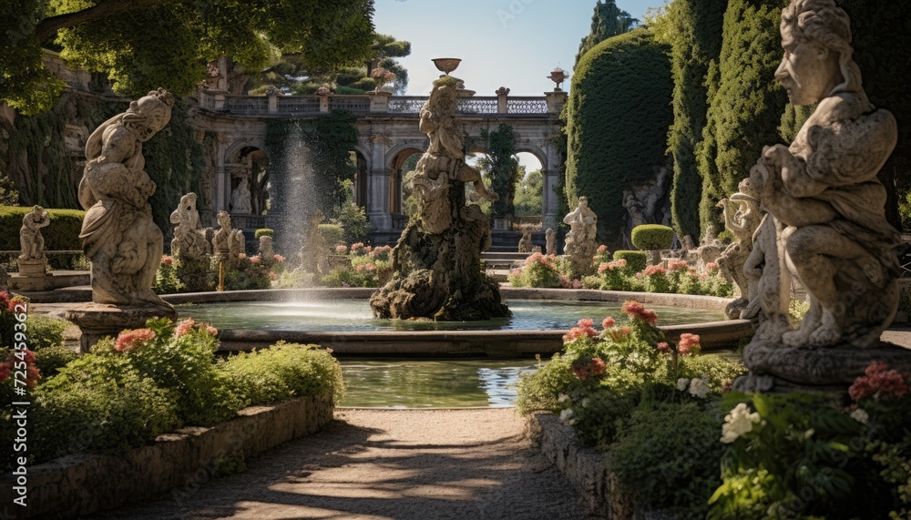 A Garden With a Fountain Surrounded by Trees and Flowers