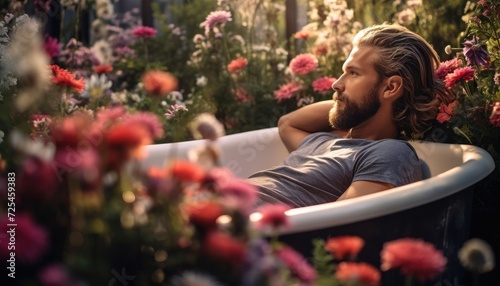 Man Laying in Bathtub Surrounded by Flowers