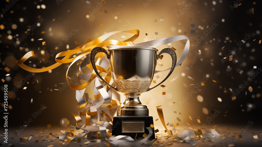 Golden sparkling trophy of the winner, in a close-up shot at the center