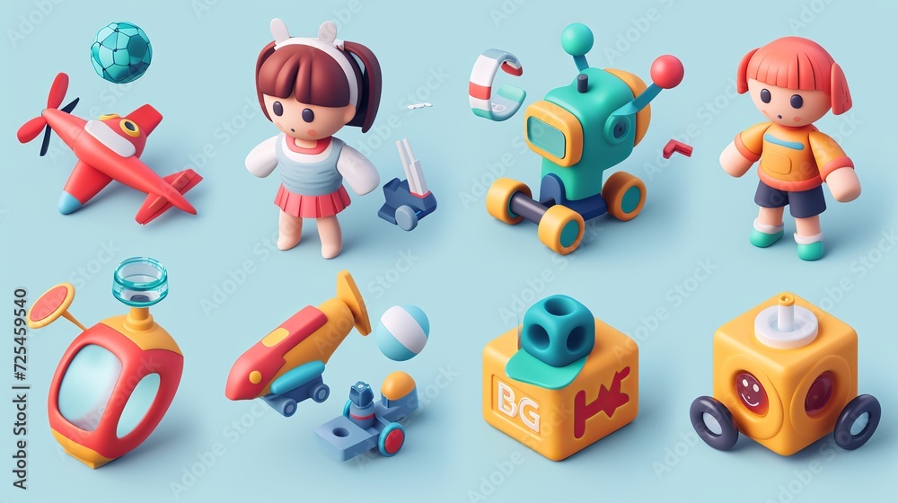 kids toys 3D vector icon set. girl doll, robot toy, ABC block, plane toy, jigsaw, water gun, brick block toys, hoop toy. on blue background
