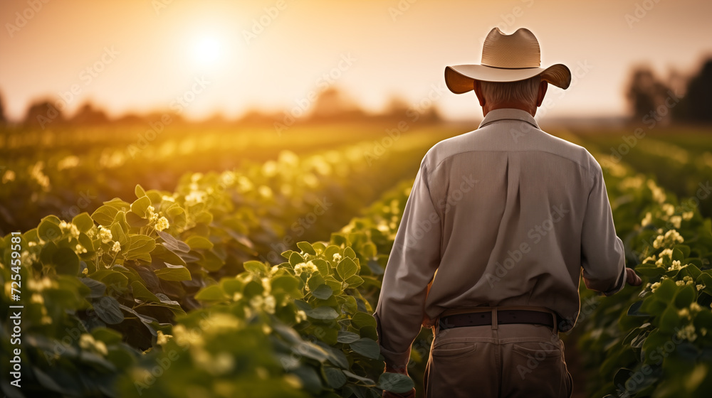 Rear view of senior farmer standing in soybean field Rear view of senior farmer standing in soybean field
