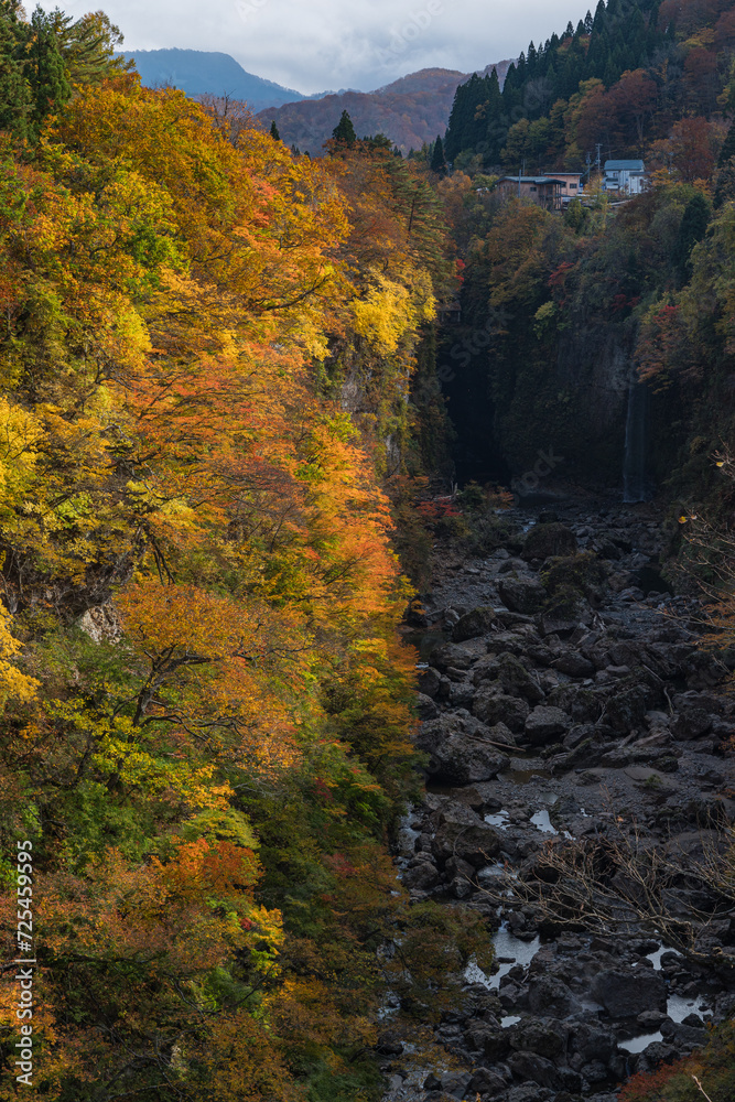 日本　秋田県湯沢市の小安峡の紅葉と皆瀬川