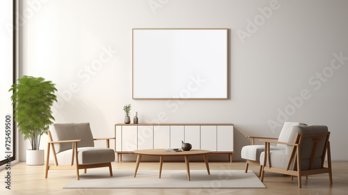 Bright room interior with empty white poster