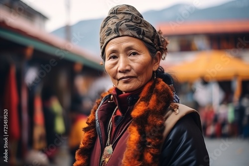 Portrait of an old Nepali woman at the Chhetrapati square in Kathmandu in the evening photo