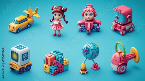 kids toys 3D vector icon set. girl doll  robot toy  ABC block  plane toy  jigsaw  water gun  brick block toys  hoop toy. on blue background