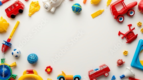 Kids toys frame on white background. Top view. Flat lay. Copy space for text  photo