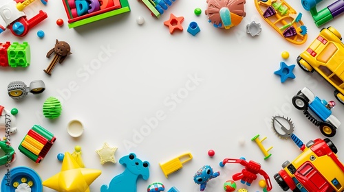 Kids toys frame on white background. Top view. Flat lay. Copy space for text 