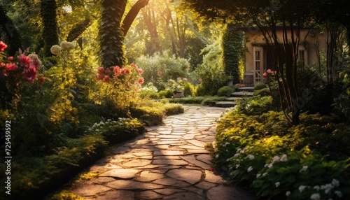 Stone Path Surrounded by Flowers and Trees