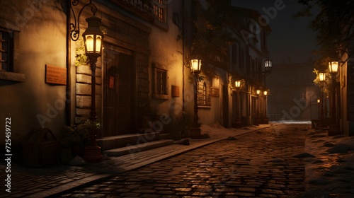 Night city street with old houses and lanterns. Panorama.