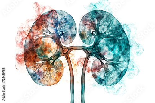 Human kidney organ isolated on white background. Colorful drawn, art. Medical diagnosis concept. Abstract illustration, creative pattern, colored watercolor.