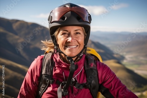 Portrait of senior woman mountain climber wearing helmet and looking at camera