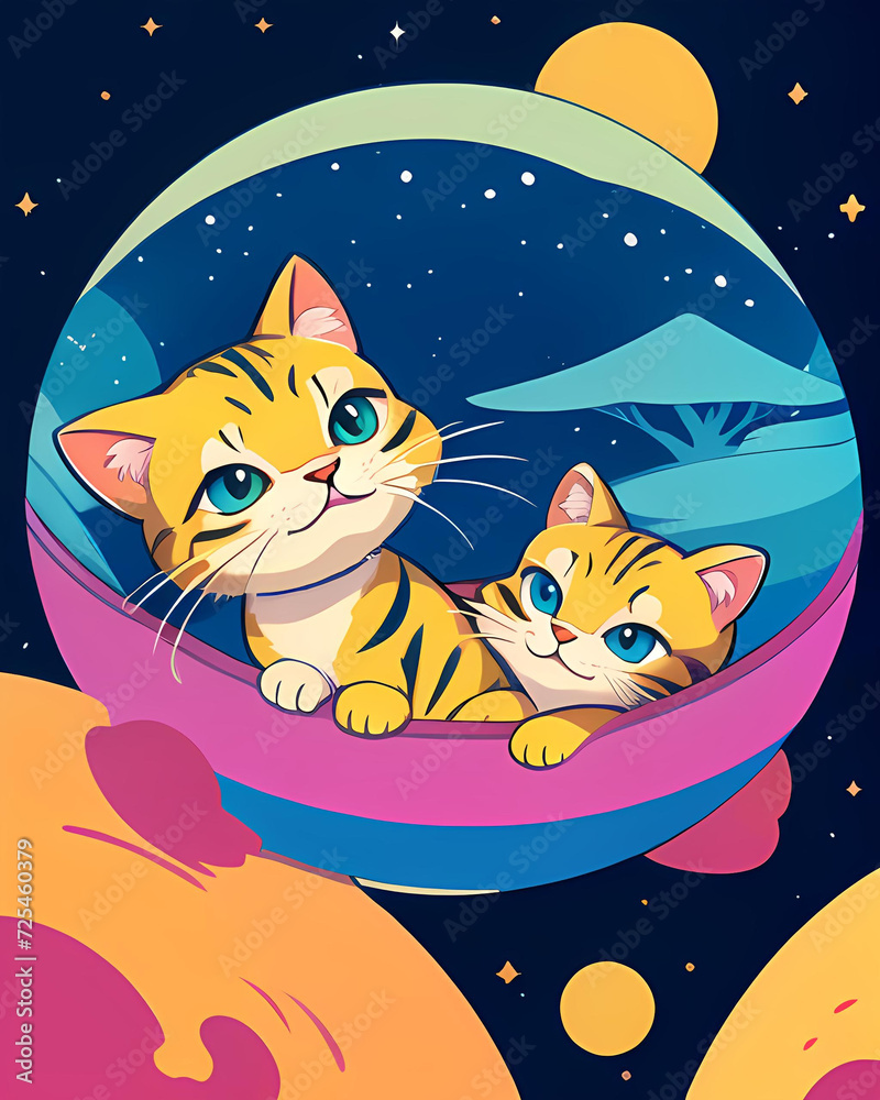 Naklejka premium Cats. Space. Cosmic. Astronauts. Feline. Universe. Galaxy. Exploration. Extraterrestrial. Fantasy. Sci-Fi. Playful. Kitty. Celestial. Interstellar. Whimsical. Adventure. Cosmic Cats. AI Generated.