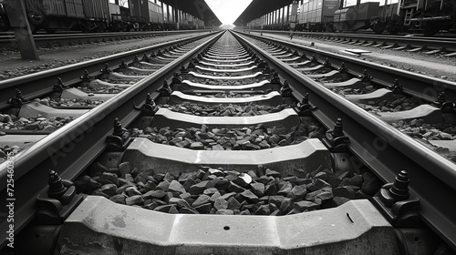 Railway tracks with switches and interchanges at a main line station in Frankfurt Main Germany with geometrical structures, thresholds, gravel and screws. Reflecting symmetrical rails black and white.