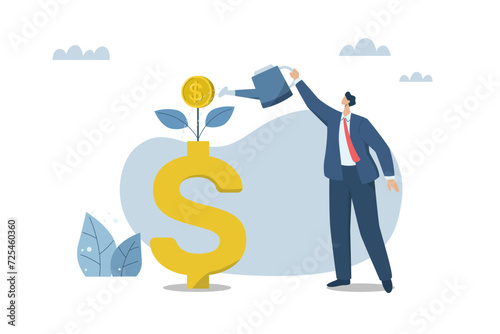 Return on investment or interest on deposit, Growth of investment profit, Personal finance management concept, Businessman is watering a growing money plant and is issuing coins. Vector design.
