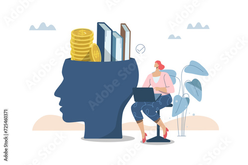 Developing self investment, Knowledge and education, Finding ways to gain wealth from capital, Personal finance management concept, Female investor studying investment finance information. Vector.