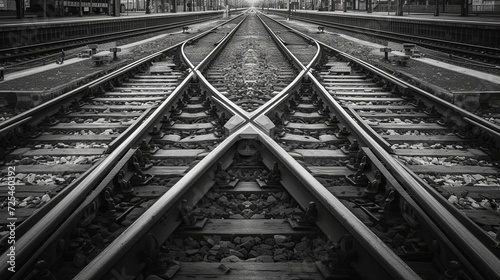 Railway tracks with switches and interchanges at a main line station in Frankfurt Main Germany with geometrical structures, thresholds, gravel and screws. Reflecting symmetrical rails black and white.