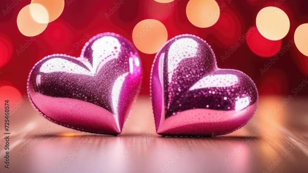 Obraz premium Two pink hearts shaped on bokeh abstract background . 3d. The symbol of love is Valentine's Day.