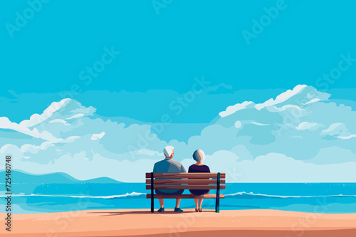 senior couple sit on bench on the beach vector illustration