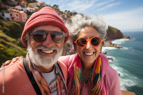 A delightful portrait of a senior couple beaming with joy at beach