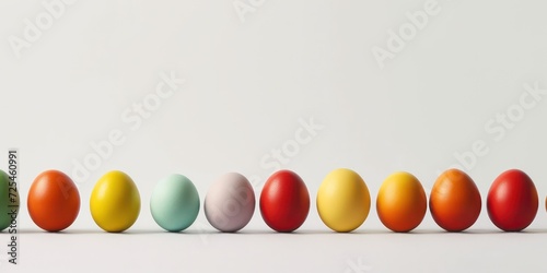 Closeup A row of Easter eggs elegantly lines up against a pristine soft background, embodying a minimalistic Easter concept. 