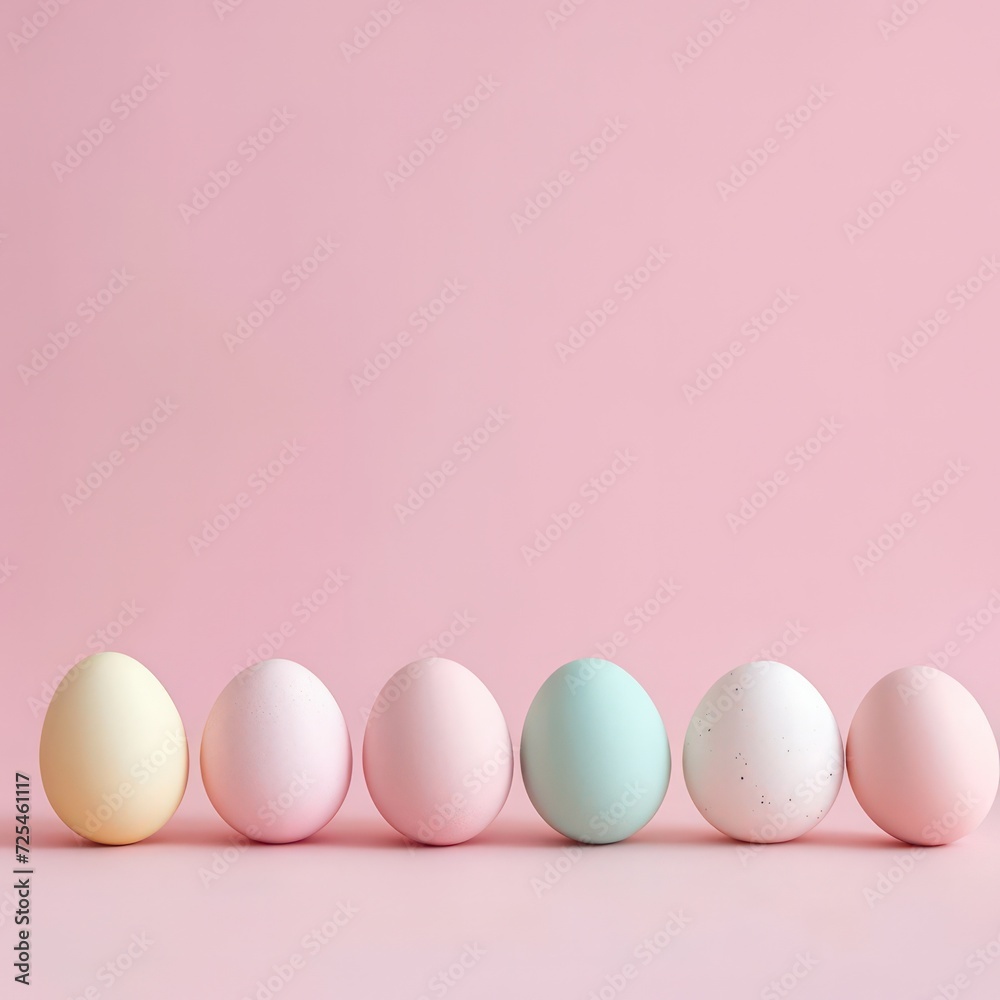 Closeup A row of Easter eggs elegantly lines up against a pristine soft background, embodying a minimalistic Easter concept. 