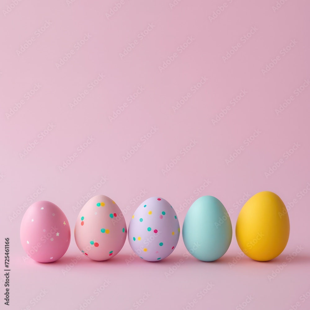 Closeup A row of Easter eggs elegantly lines up against a pristine soft background, embodying a minimalistic Easter concept. 