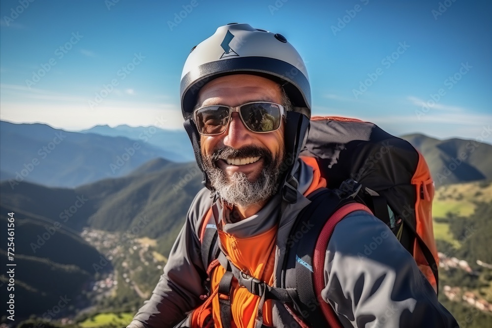 Portrait of a senior man with mountain bike helmet and goggles in the mountains Portrait of a senior man with mountain bike helmet and goggles in the mountains