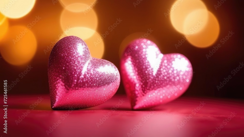 Fototapeta premium Two pink hearts shaped on bokeh abstract background . 3d. The symbol of love is Valentine's Day.