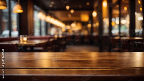 empty wooden tabletop on the background of a cozy cafe  restaurant. background. photo for background