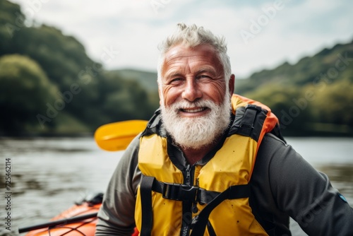 Portrait of a senior man kayaking on the river. Active retirement lifestyle. © Nerea