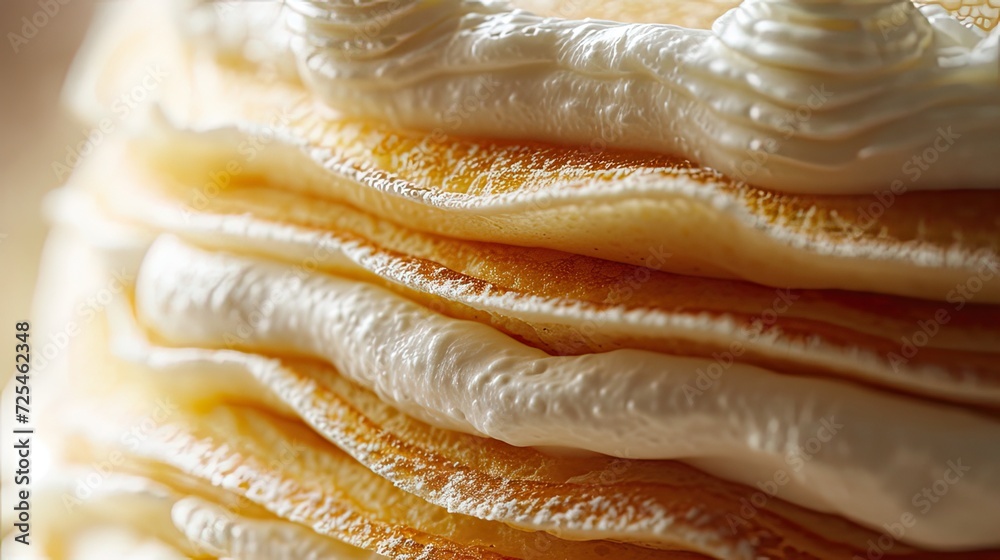 pancake cake layers and creamy texture. Details each layer, showcasing deliciousness through visual appeal. Macro shots Highlight complex textures.